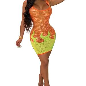 Flame  Mesh Rhinestone Dress